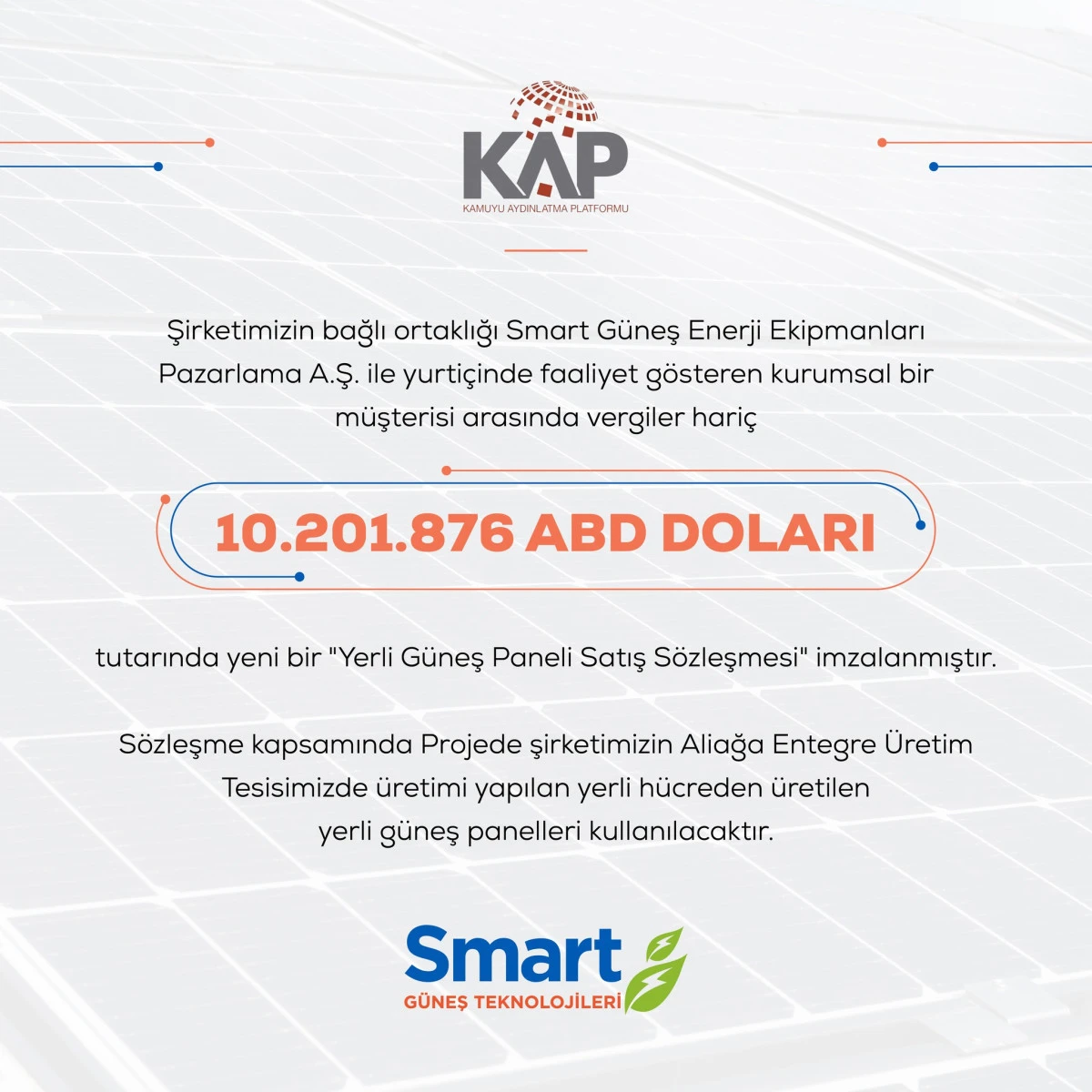 Smart G&uuml;neş Teknolojileri'nden 10,2 Milyon Dolarlık Panel Satışı