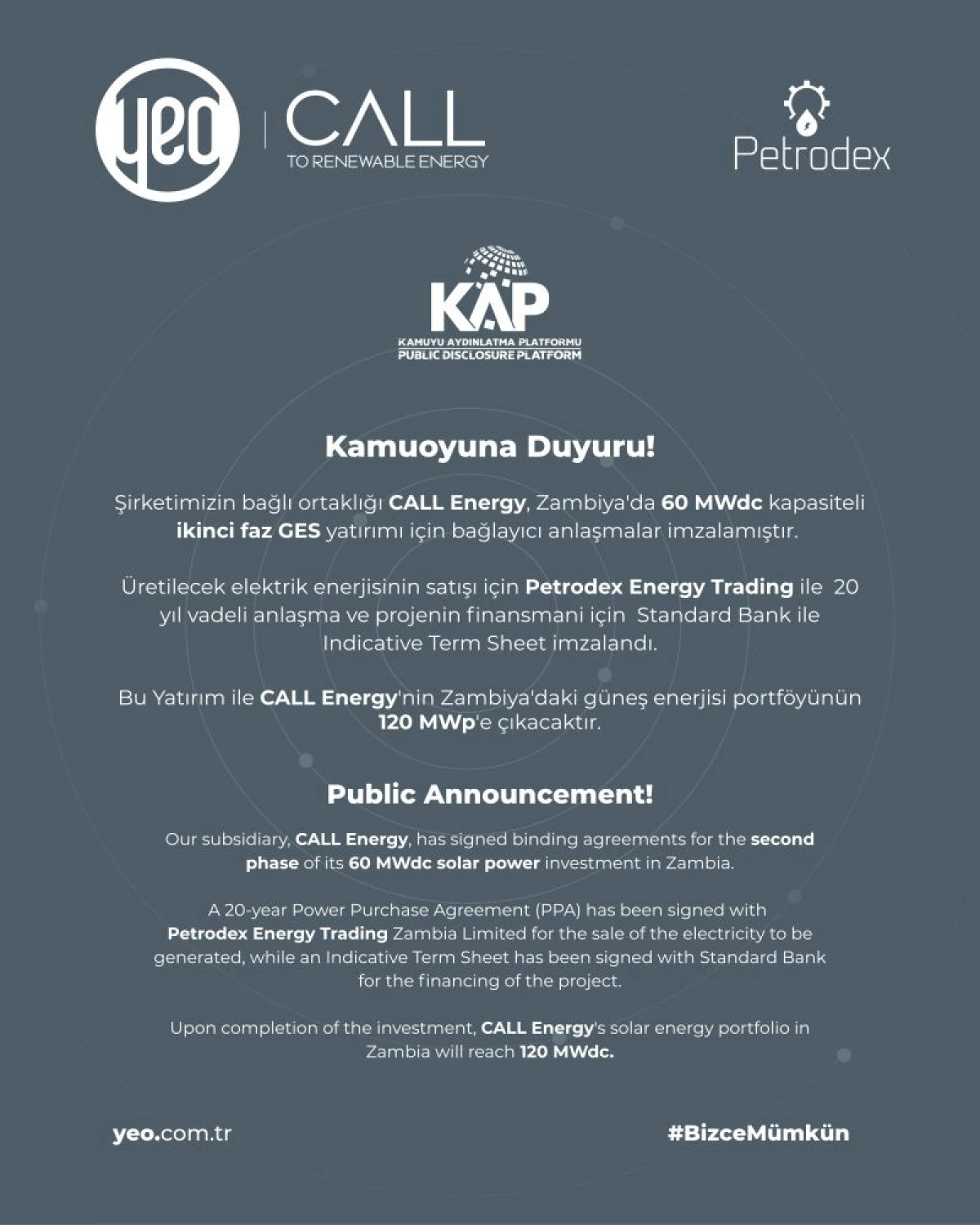 YEO&rsquo;nun Bağlı Ortaklığı CALL Energy&rsquo;den Zambiya&rsquo;da Yeni GES Yatırımı